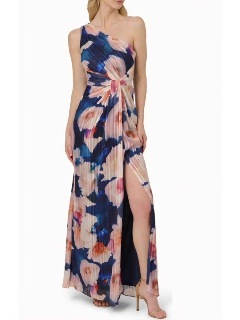 Adrianna Papell Pleated Floral One- Shoulder Chiffon Gown Formal Wear